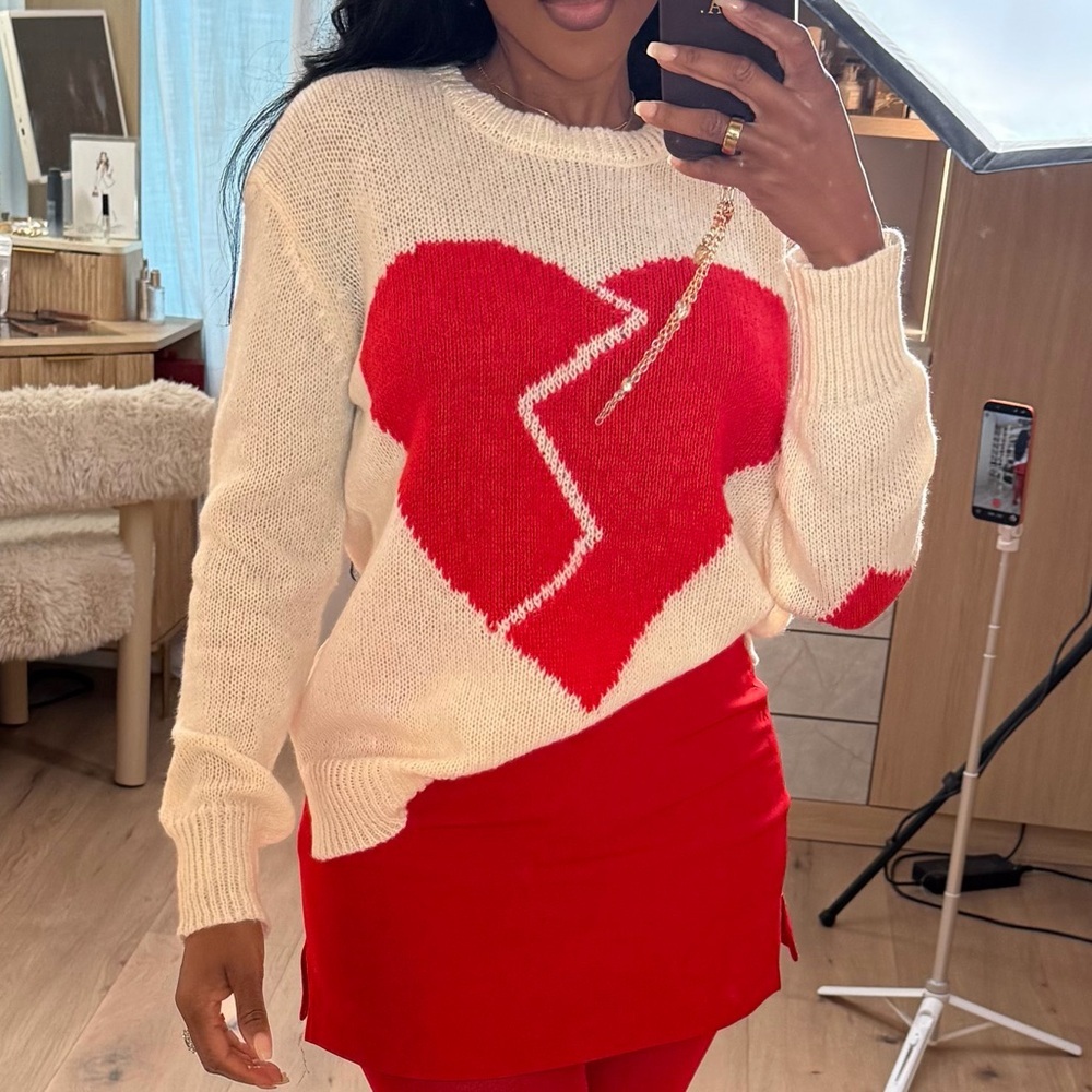 Express Cream Knit Sweater with Red Broken Heart Motif